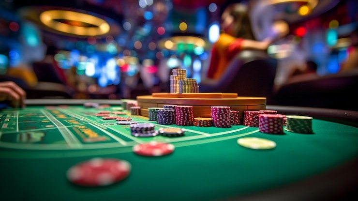 Roulette wheel spinning with chips on the table